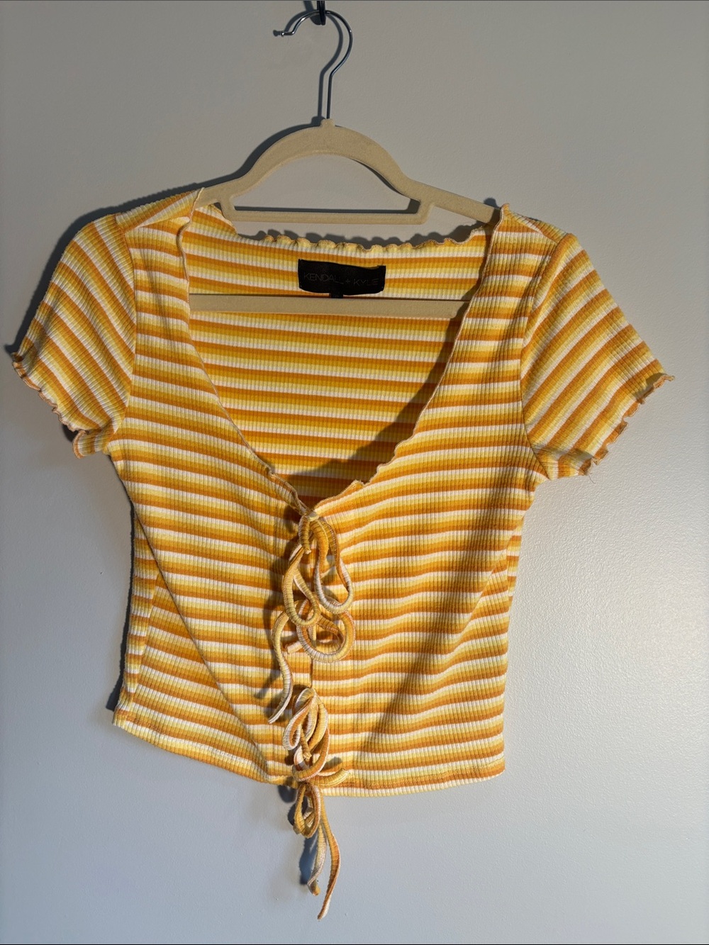 Kendall & Kylie Yellow and White Striped Lace-Up Ribbed Crop Top